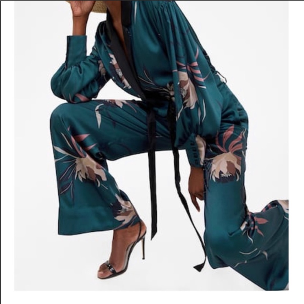 Zara Floral Satin High Waist Palazzo Pants - Picture 3 of 7